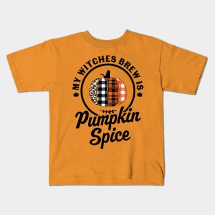 My Witches Brew Is Pumpkin Spice Halloween Plaid Leopard Kids T-Shirt